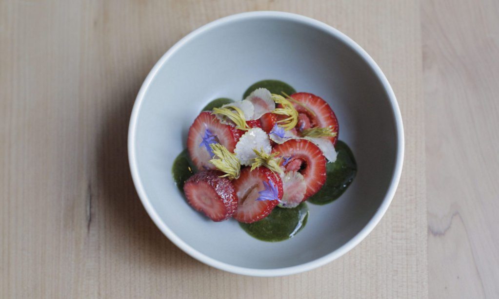 Strawberries with pickled douglas fir tips