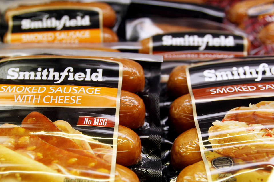 close-up of smithfield sausages