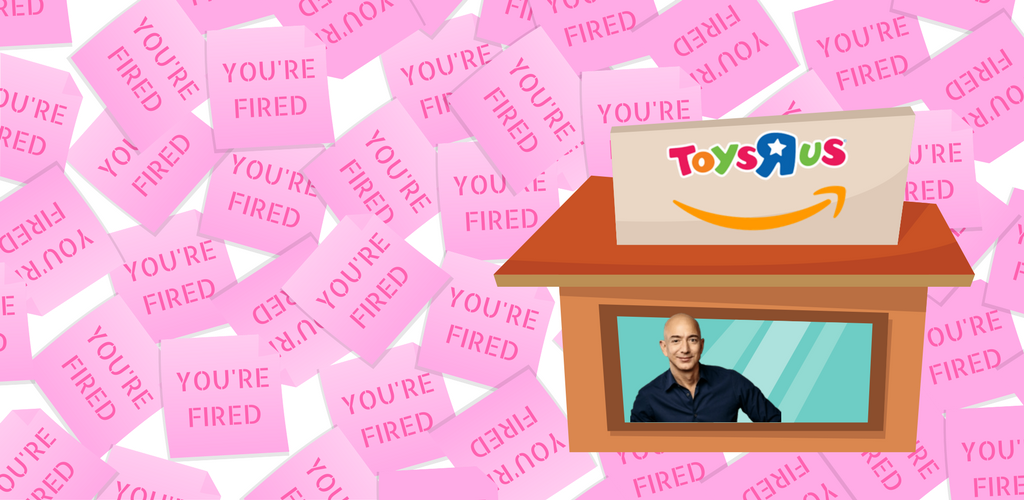 Jeff Bezos chills in a toys 'r' us co-branded with Amazon in a sea of pink slips