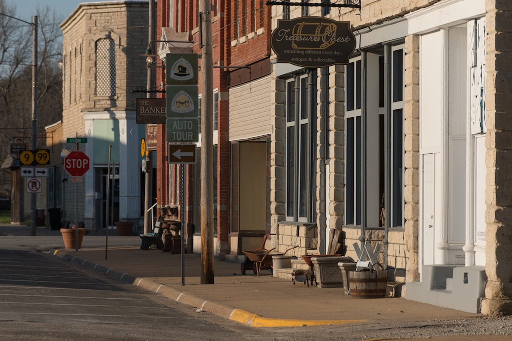 Main Street in Frankfort, Kansas, an old railroad town founded in 1867. Population: 726. Ninety-eight percent of the town is populated by white residents