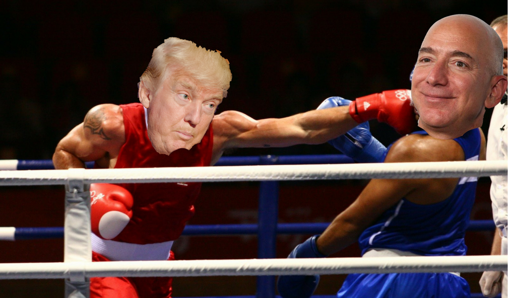trump knocks out bezos in a boxing ring
