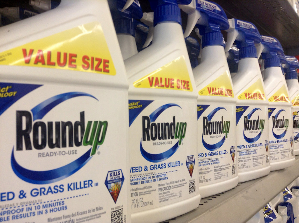bottles of monsanto's roundup pesticide on a shelf