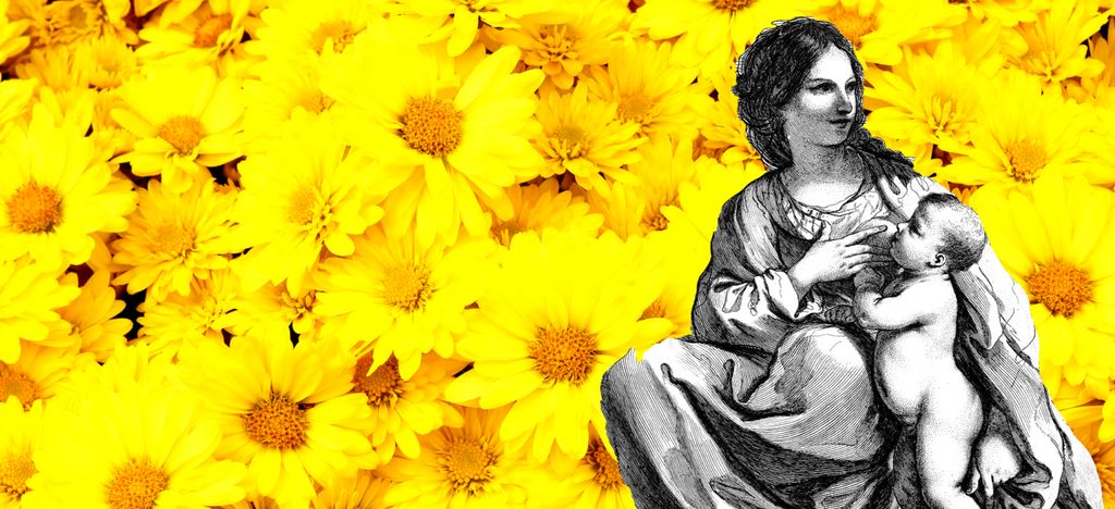 a sketch of a mother and her child over an image of yellow flowers