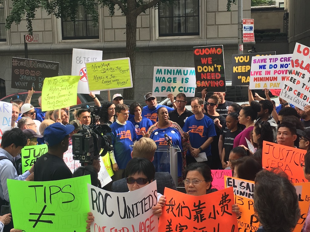 Minimum wage workers rally to preserve tip in New York state. Credit: Sam Bloch, June 2018
