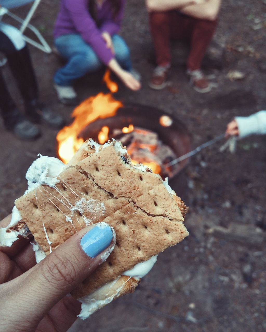 hand holding bitten s'more at a campfire