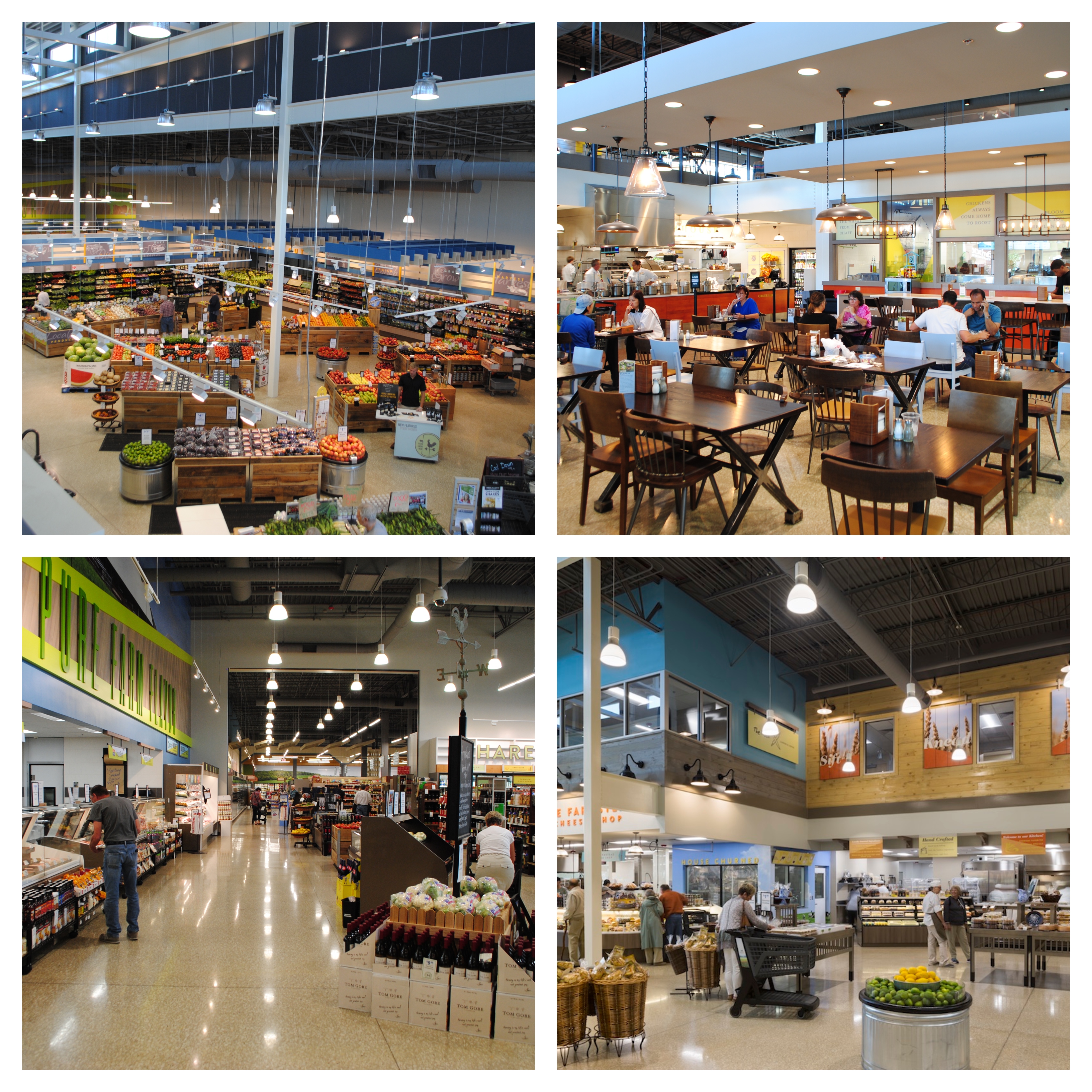 Scenes inside Champaign, Illinois' Harvest Market, a grocery store designed by Shook Kelley