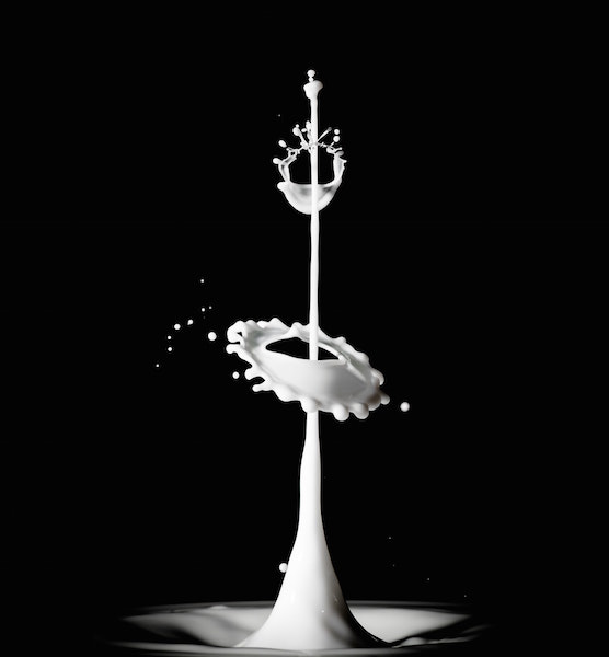 Time lapse photo of drop of milk splashing on black background
