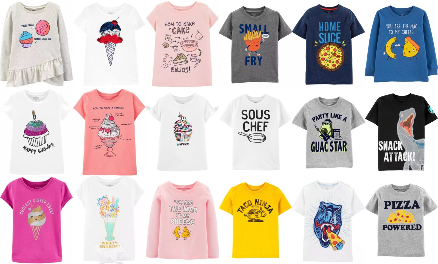 A matrix of girls' and boys' clothing with food graphics.