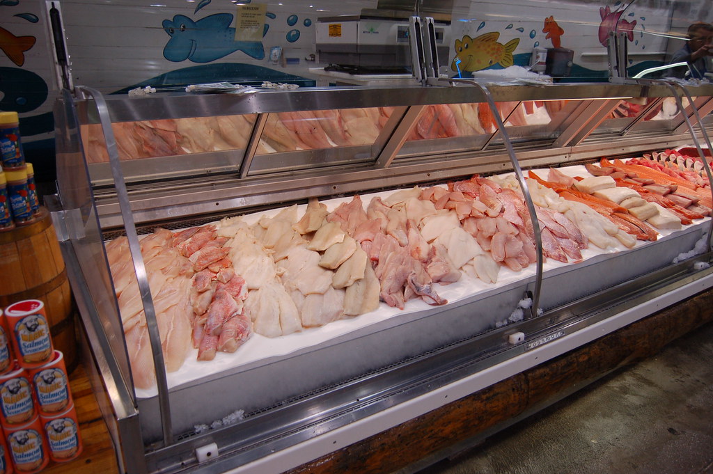 Seafood display in a grocery store.