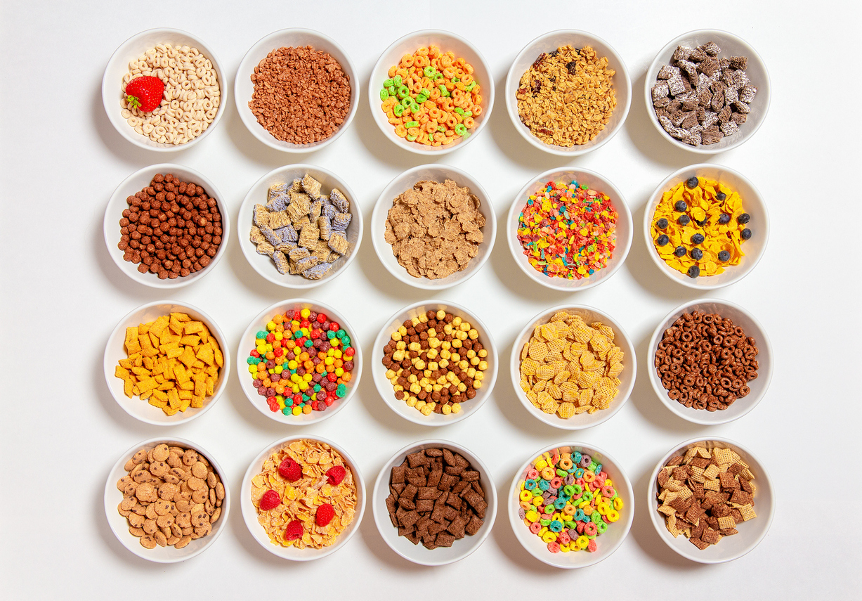 set of different cereals on a white background