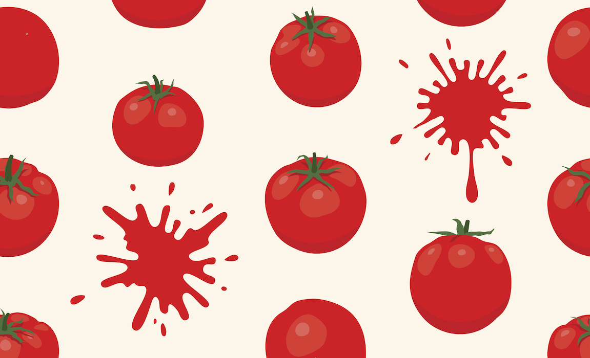 Cartoon renderings of tomatoes and tomato splatter