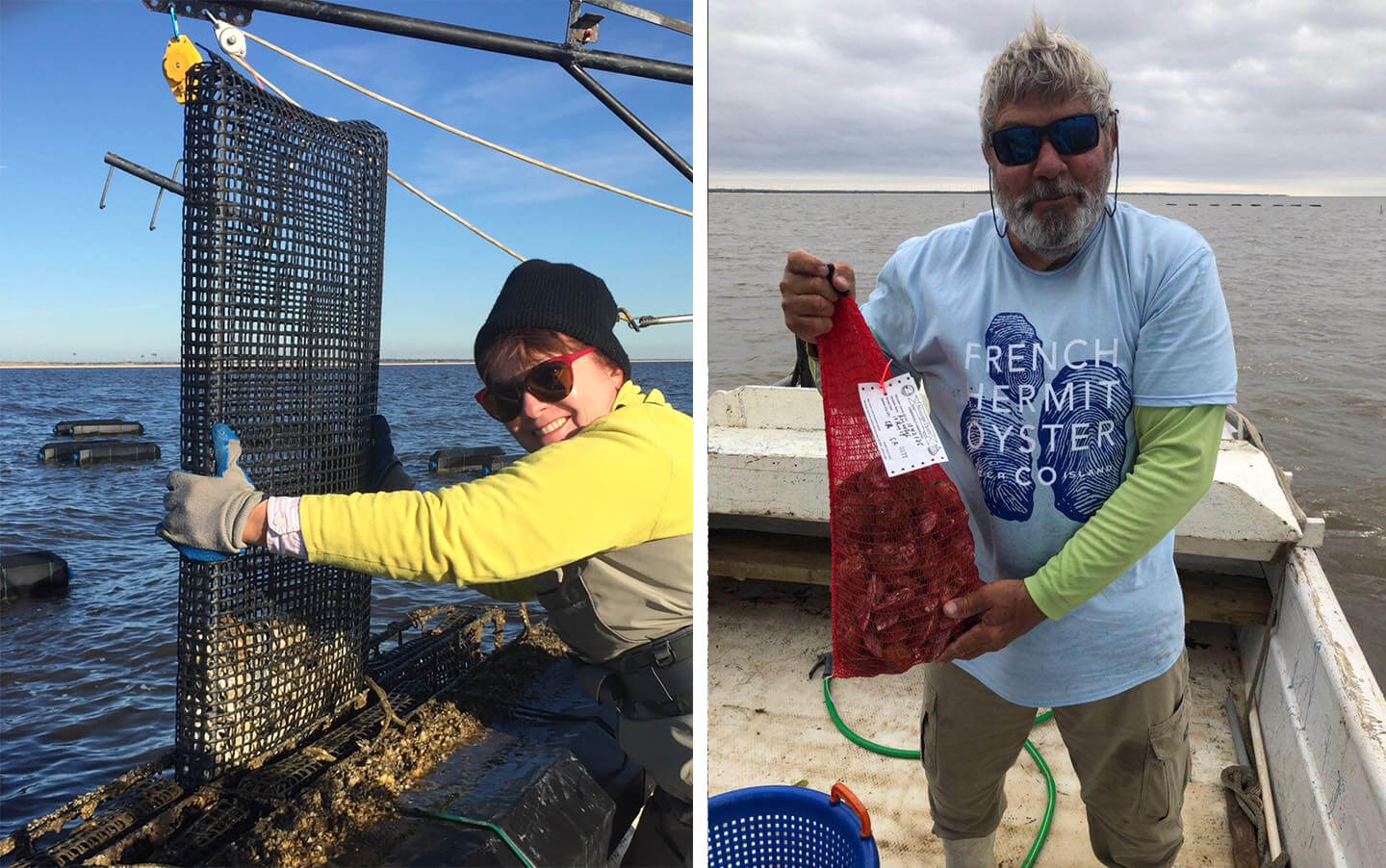 Left, Anita Arguelles empties a bag of growing oysters into a floating cage in the Mississippi Sound. Right, TK Arguelles totes a bag of full-sized French Hermit oysters.