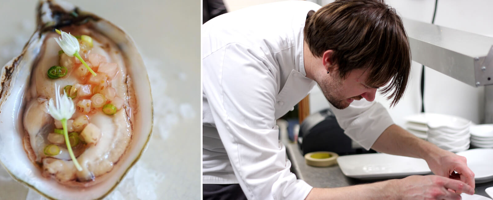 Left, a French Hermit oyster that Chef Alex Perry prepared for his restaurant, Vestige—complete with pickled white strawberry and onion blossoms. Diverted floodwater from the Mississippi River wiped out his supply earlier this year