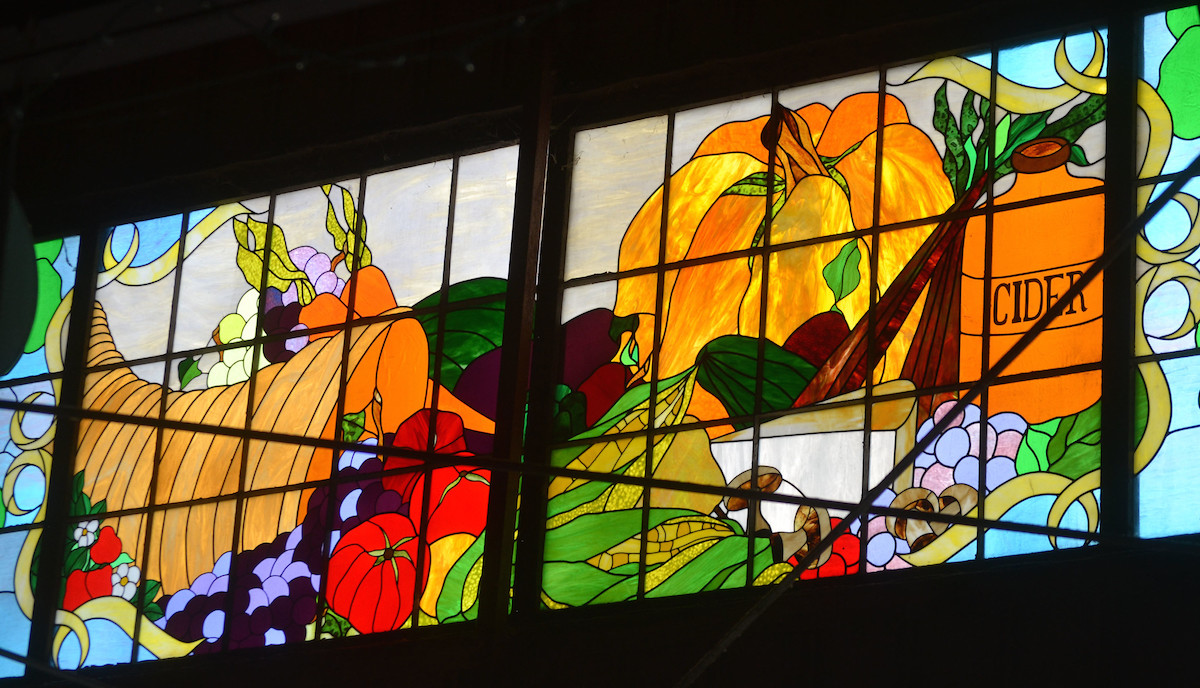 Fruits and vegetables on stained glass
