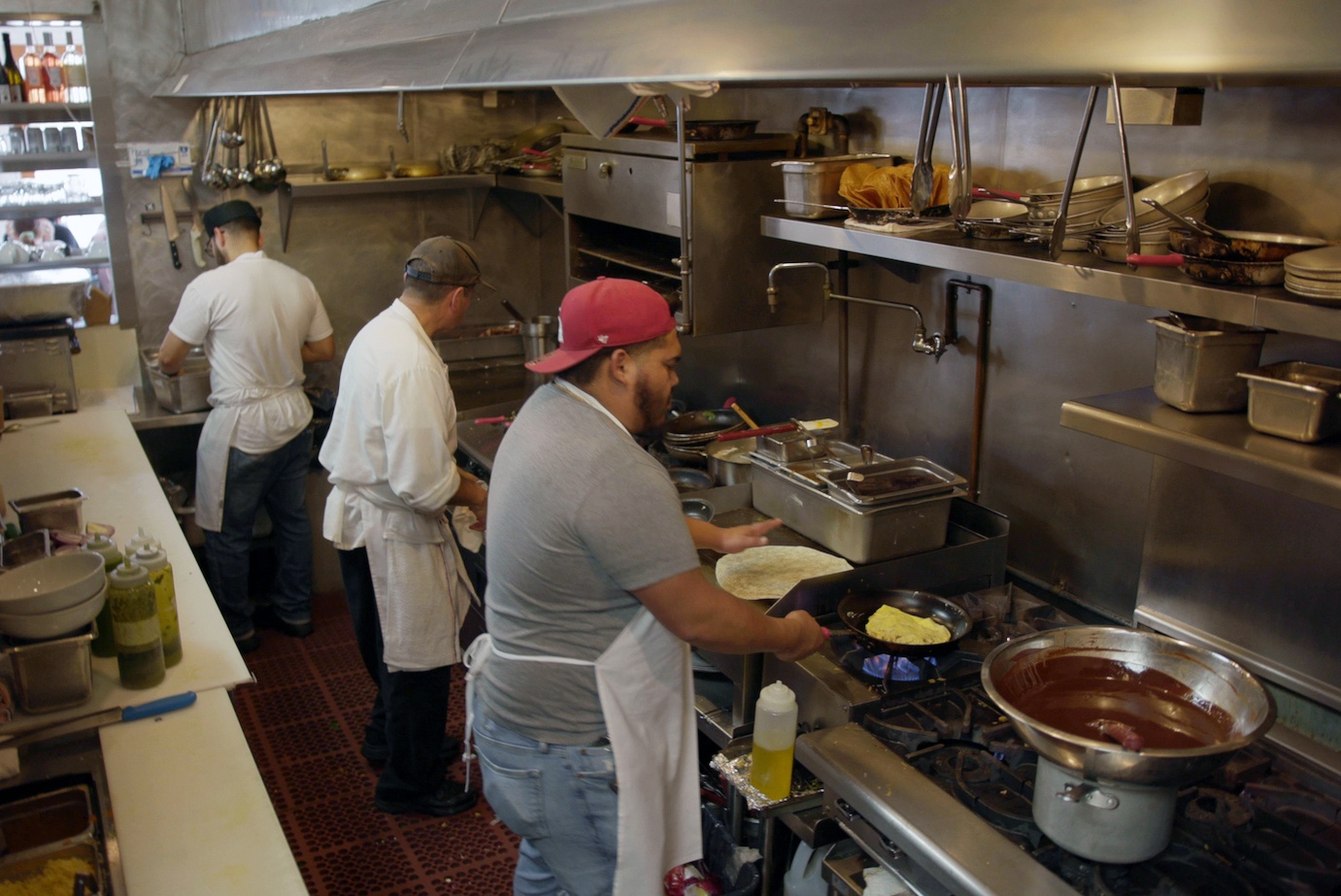 Back of house staff cooking at Huckleberry Cafe in Santa Monica, CA (March 2020)
