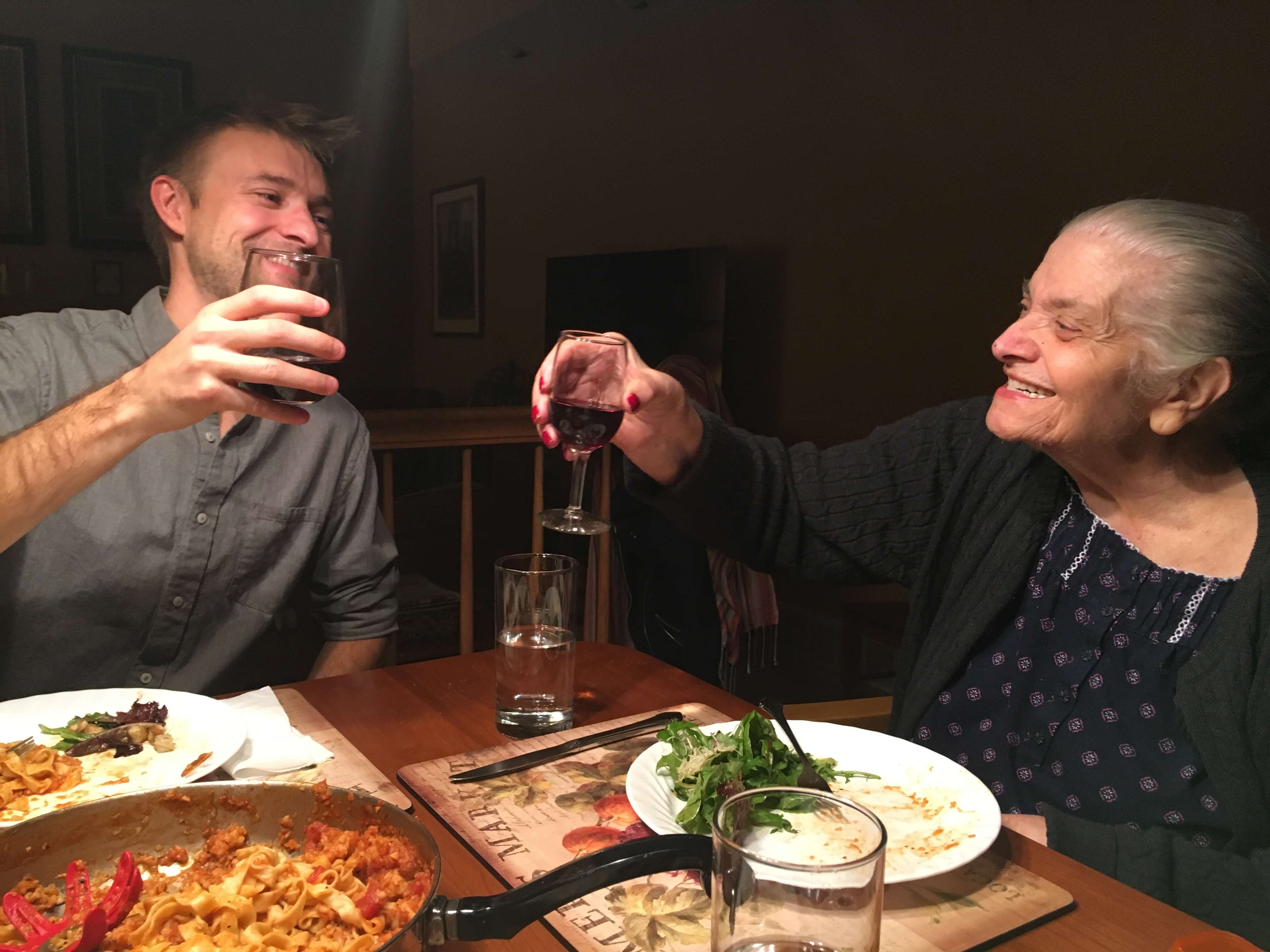 The author’s husband and grandmother, “Mama,” photographed at a family dinner in November 2018. April 2020