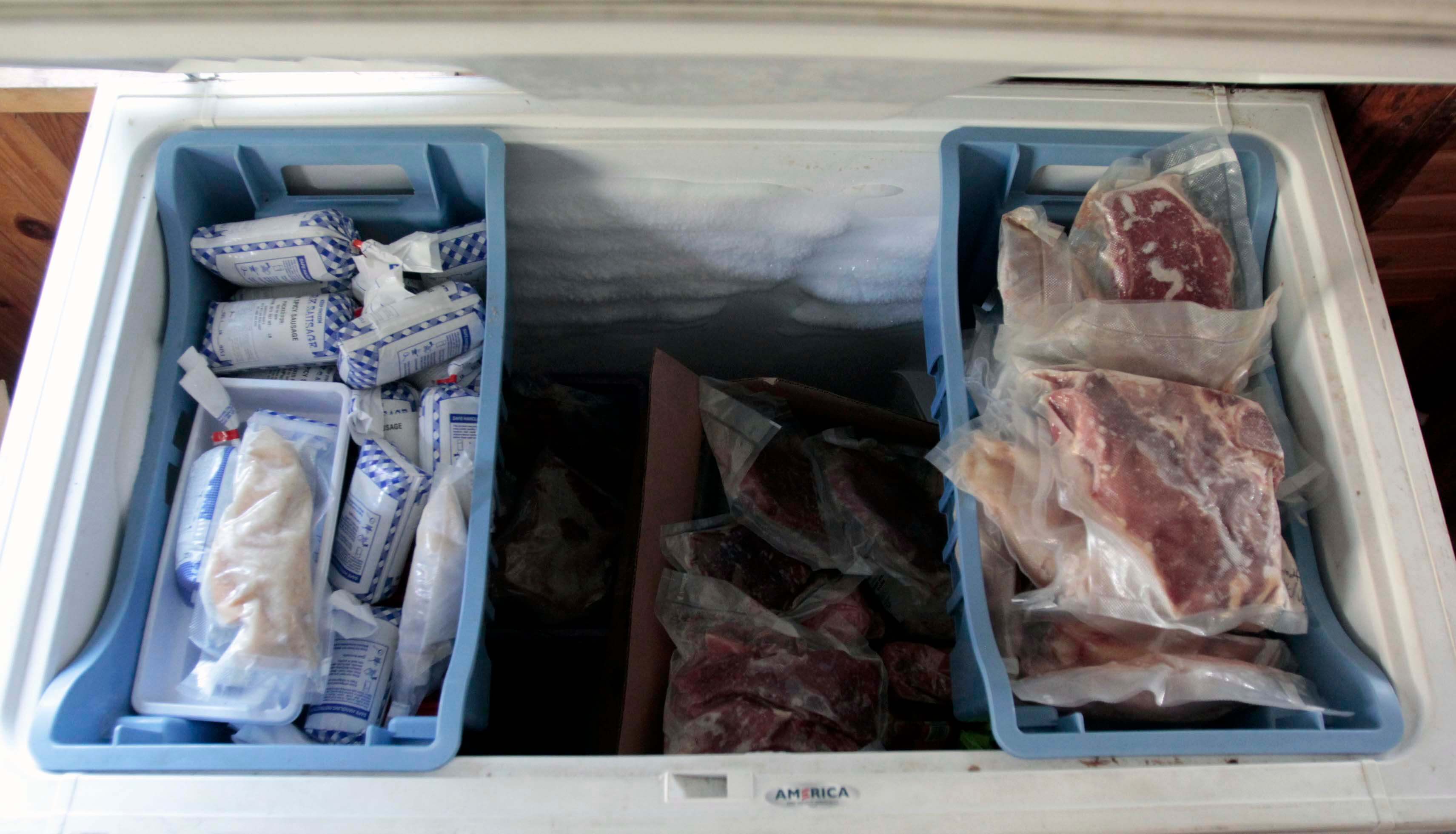 An overhead view of Suzanne's freezer filled with pike, pork, cattle, deer, and elk meat. (April 2020)