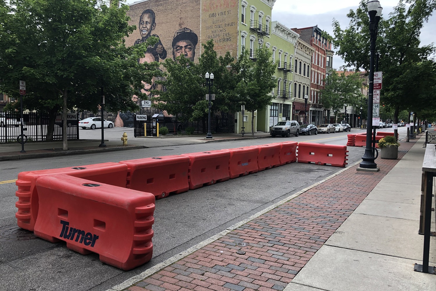 Barricaded outdoor seating for restaurants in Cincinnati, Ohio May 2020