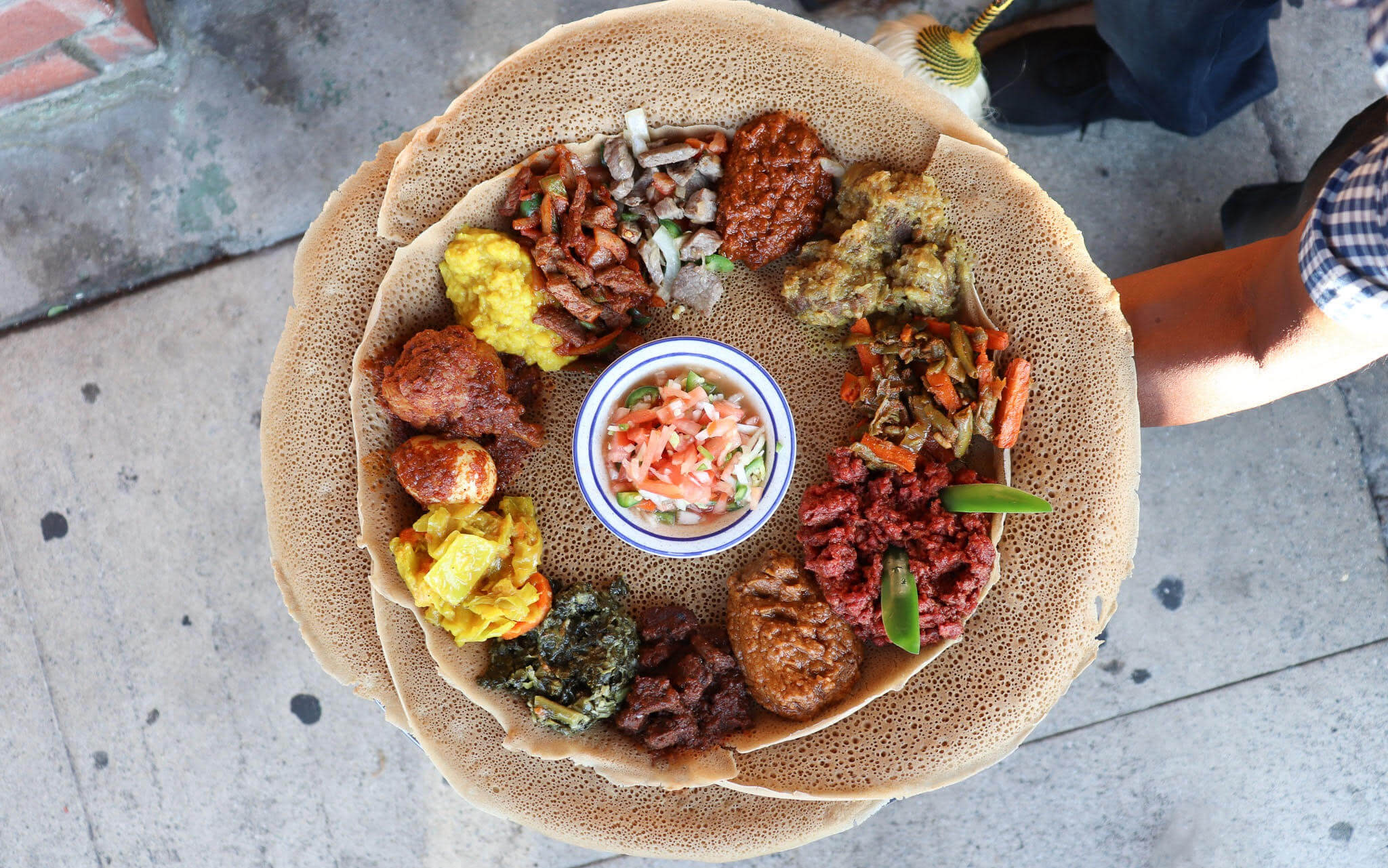 Tradtional ethiopian dish with injera from Rosalind's, an Ethiopian restaurant in Los Angeles. (May 2020)
