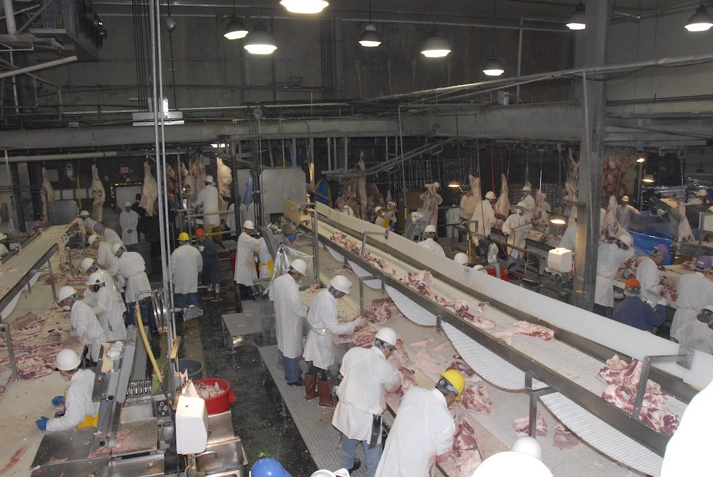 Meat processing plant workers at a slaughterhouse in Texas
