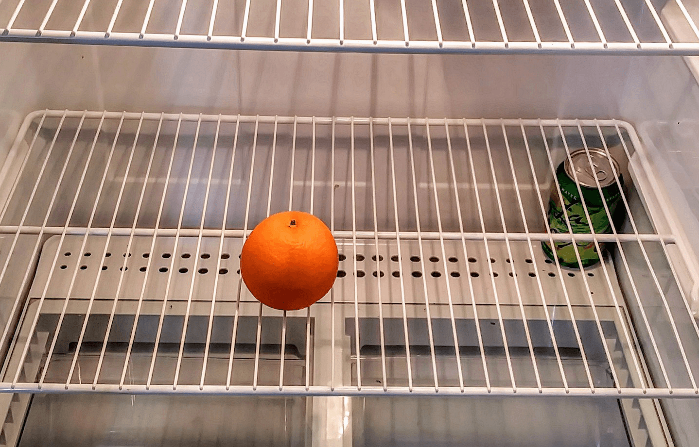 orange sitting on the middle shelf of Shana Bestock's empty fridge May 2020
