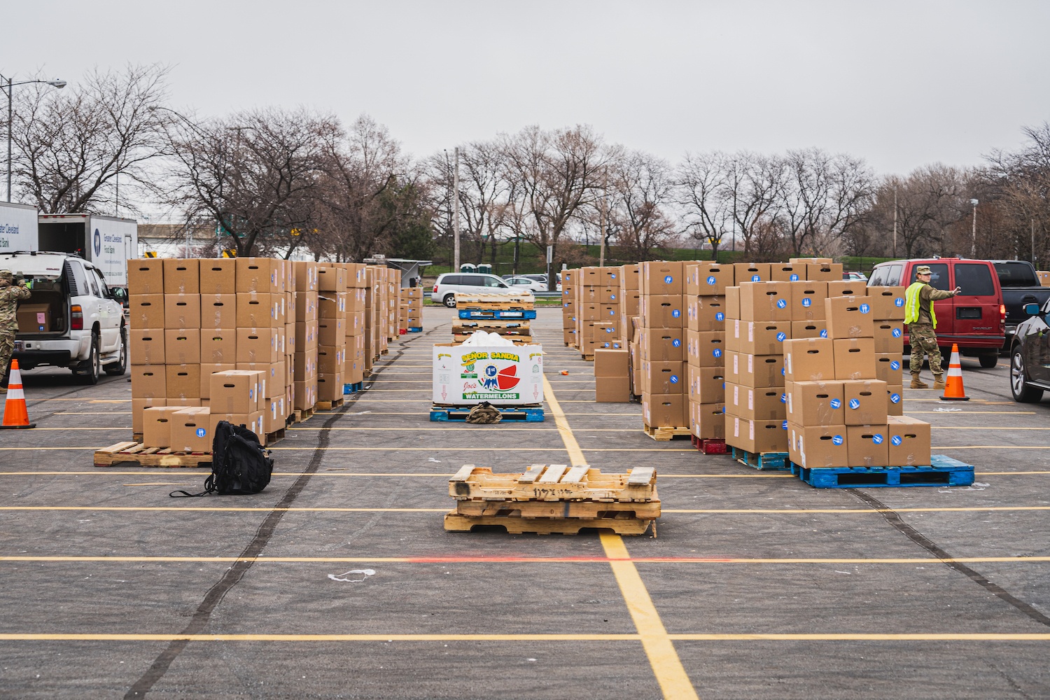 stacked boxes of food for drive-thru pickup at the Greater Cleveland Food Bank May 2020