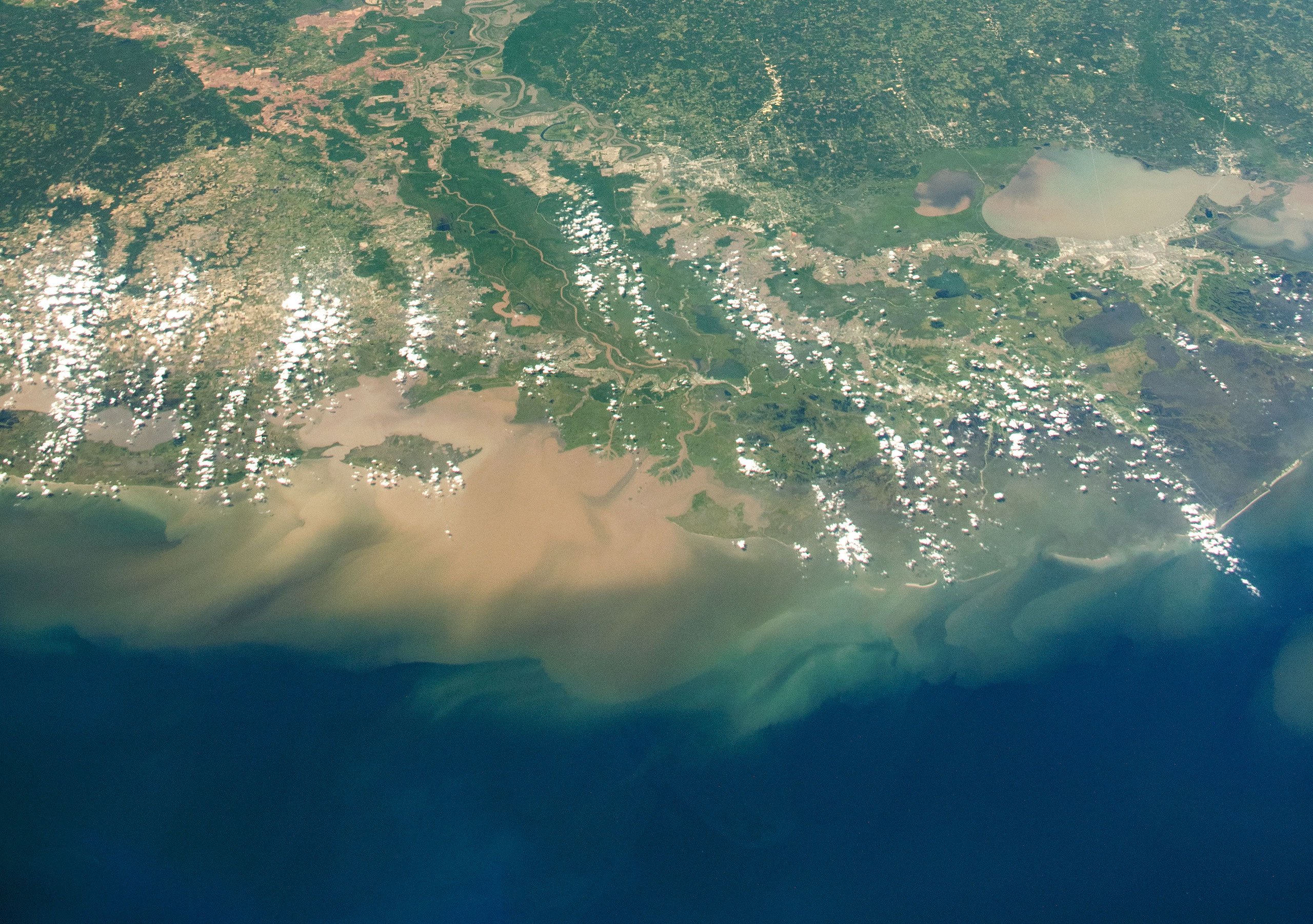 Aerial view of the Gulf of Mexico and Mississipi River sediment flow June 2020