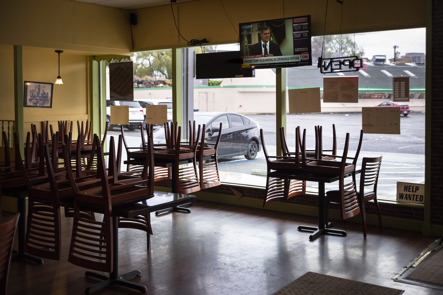 chairs stacked inside a restaurant June 2020