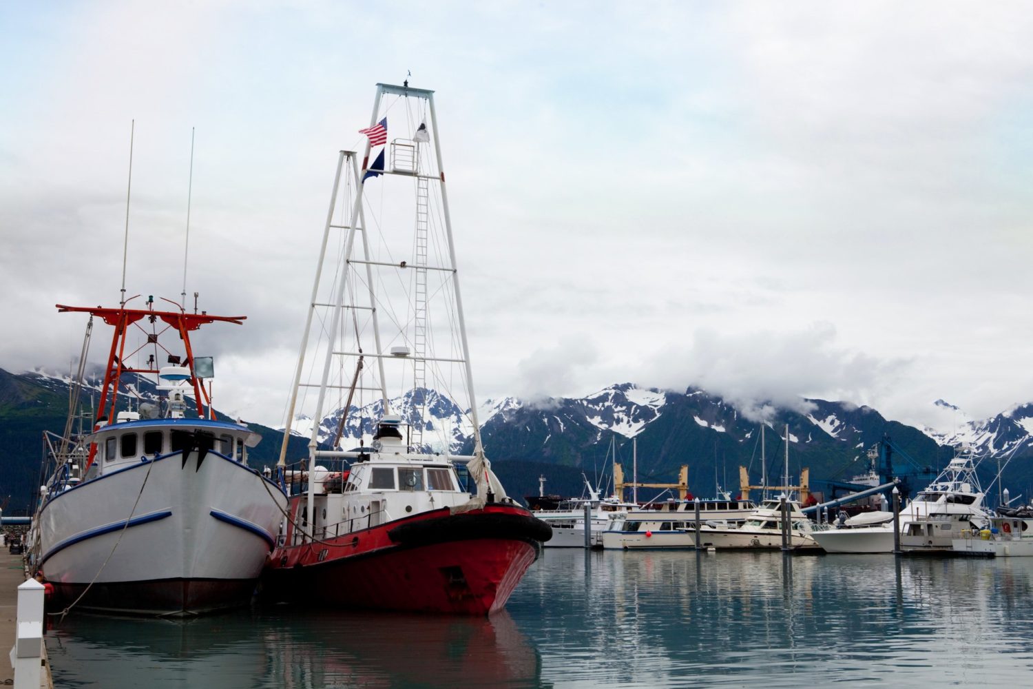A group of fishing boats sit in a harbor with an expansive snow-topped mountain backdrop. July 2020