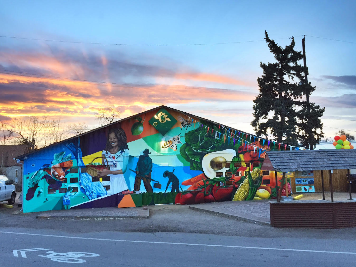 GrowHaus exterior mural at sunset July 2020