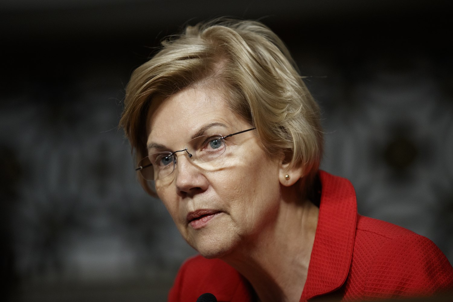 closeup of Senator Elizabeth Warren in red July 2020