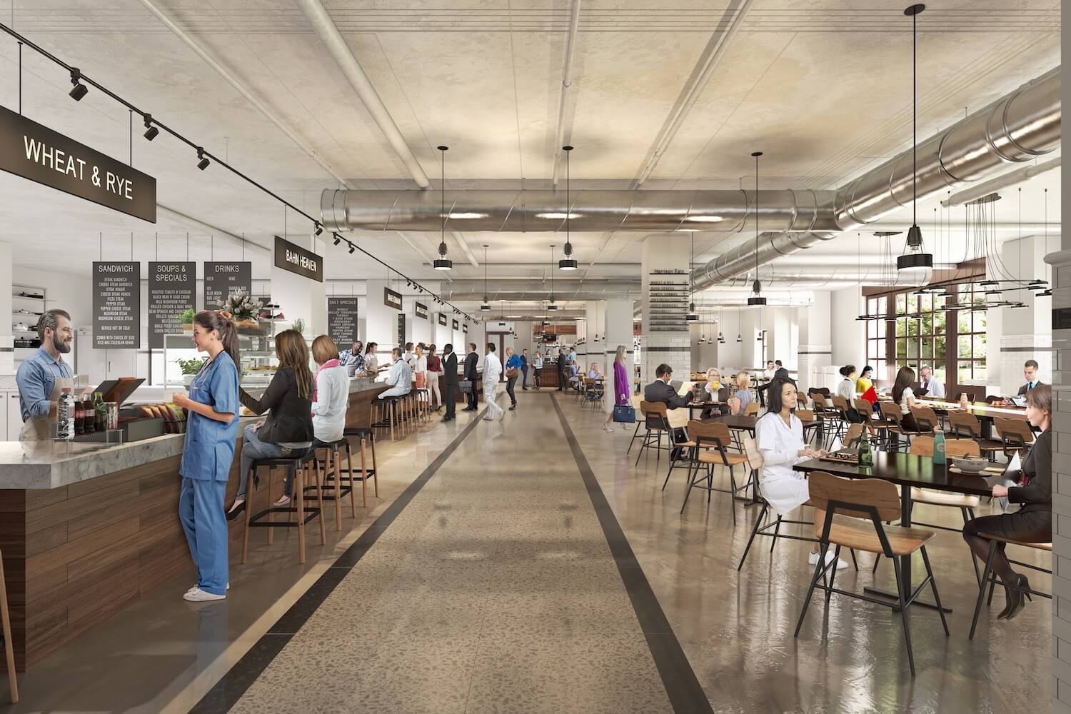 An open space food hall with dining tables on one side and restaurants with bar stools on the other. July 2020