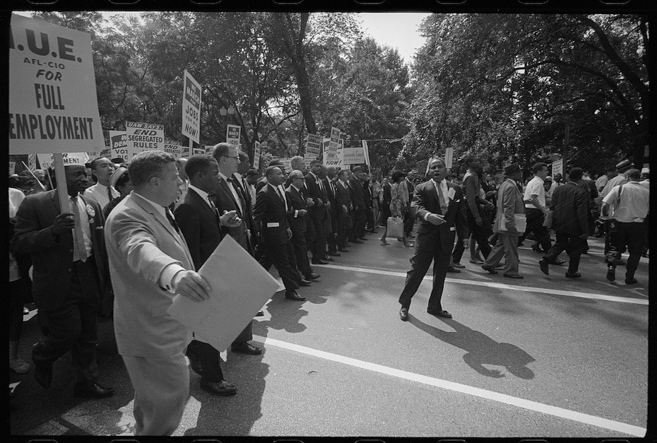 Civil Rights leaders, including Martin Luther King, Jr. (center left), worked side-by-side with organized labor groups to stage the 1963 March on Washington—one moment in a longer, and sometimes fraught, history of collaboration