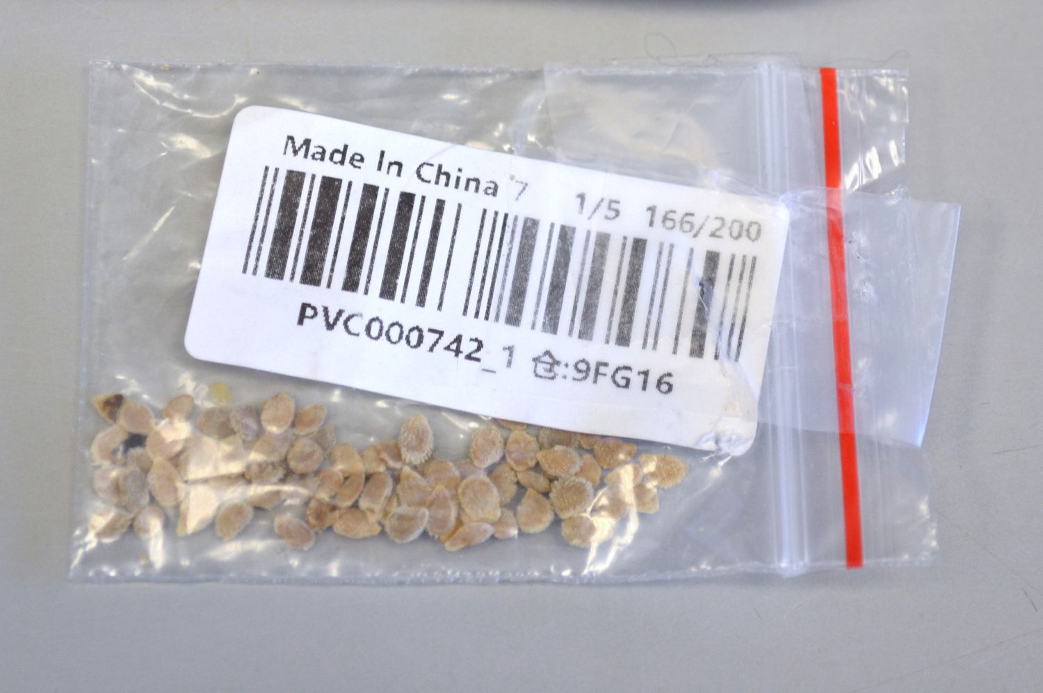 package of unlabeled tomato seeds from China August 2020