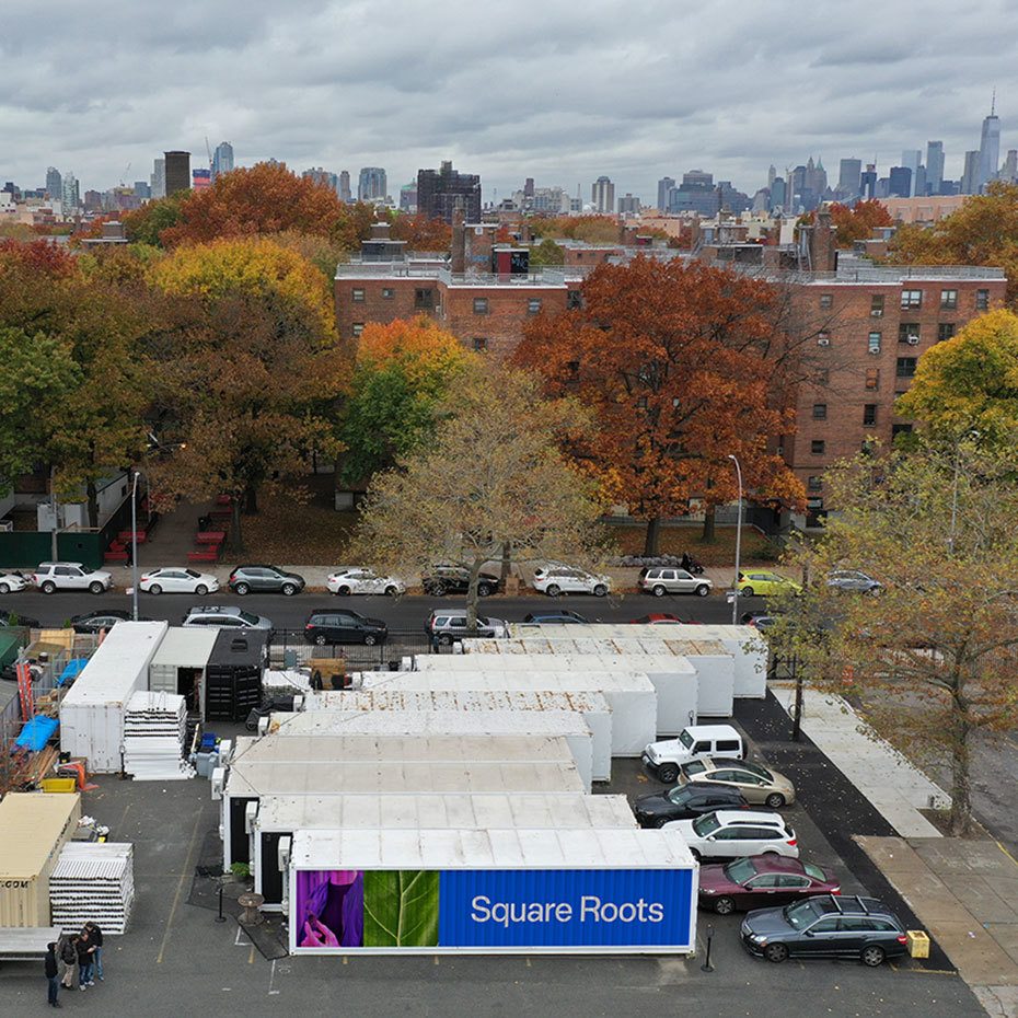 Aerial view of Square Roots container farms in Brooklyn