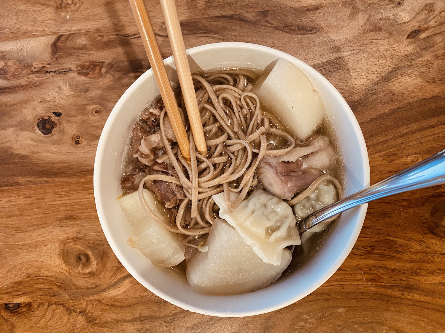 Cindy Yu's substitution pandemic meal with soba, oxtail broth, daikon, and Chinese wontons September 2020