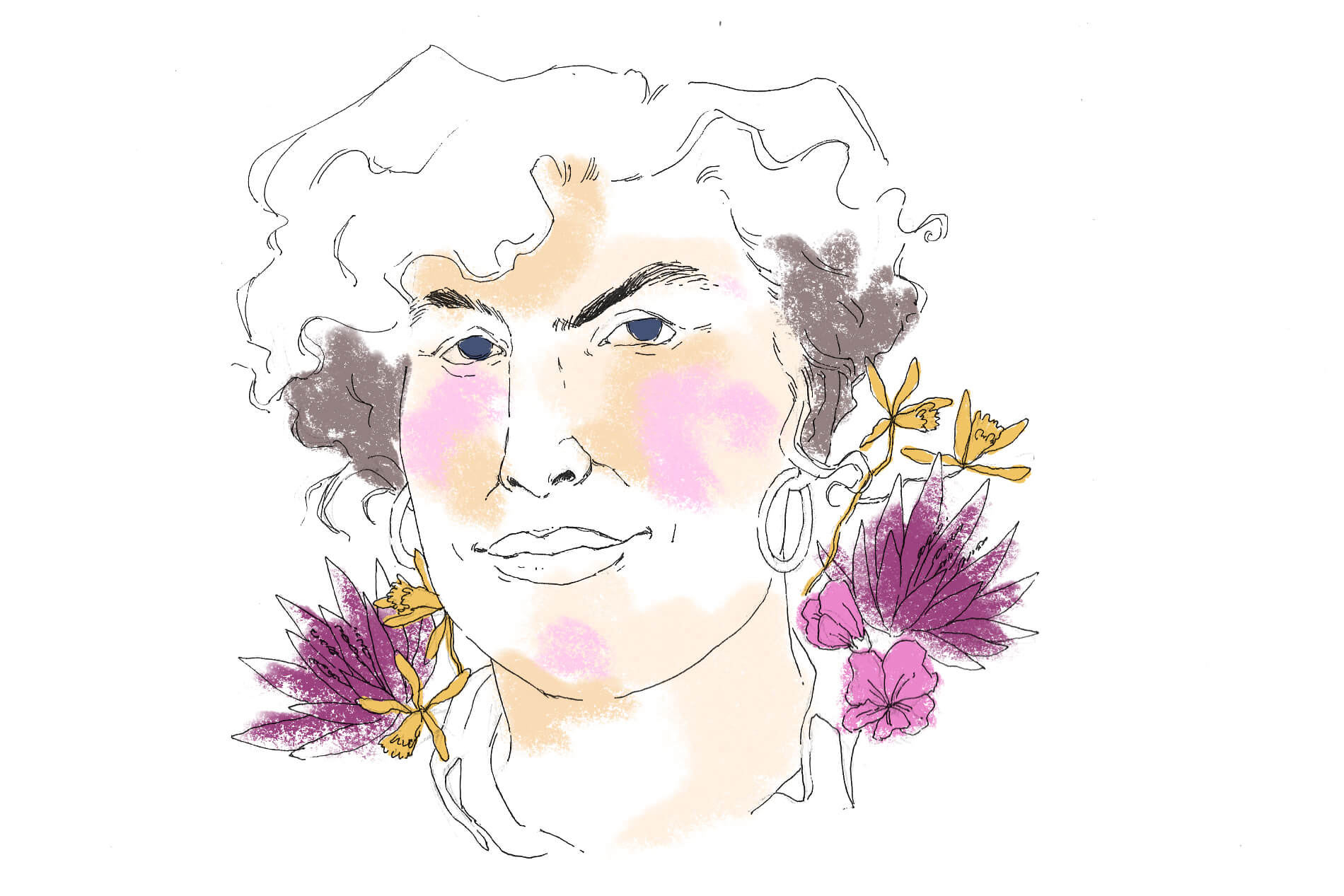 Emily Thompson illustrated portrait and flowers. September 2020