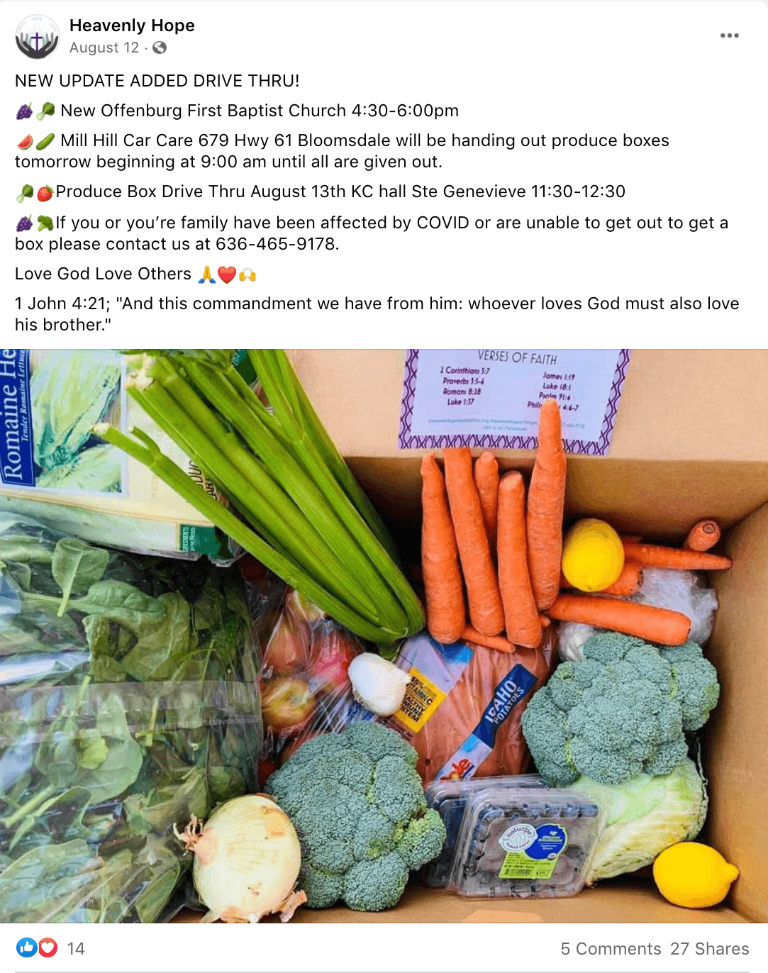 A screenshot of Heavenly Hope's Facebook showing a food box with a bible verse. September 2020