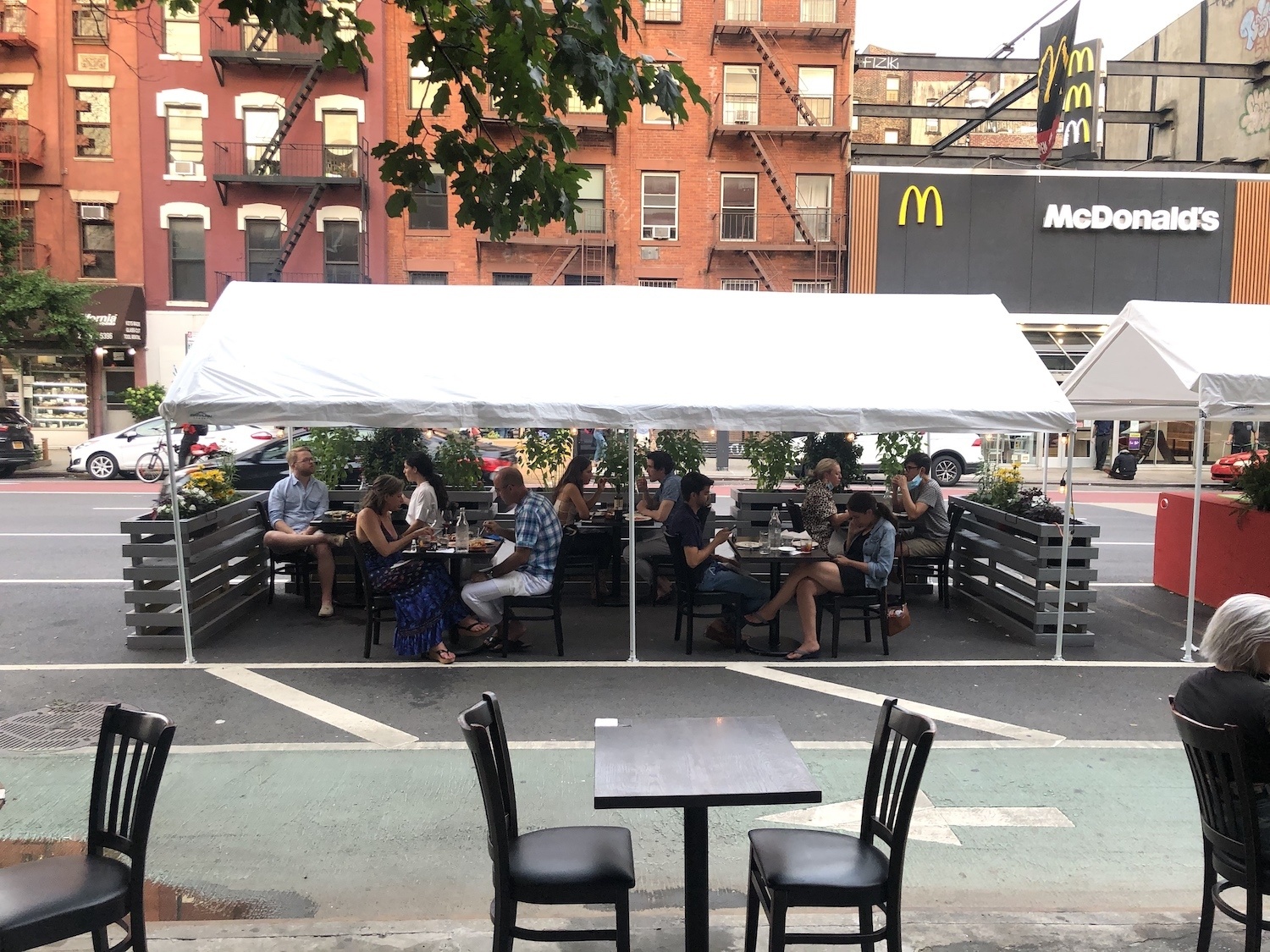 Tent seating at Huertas in New York City. September 2020