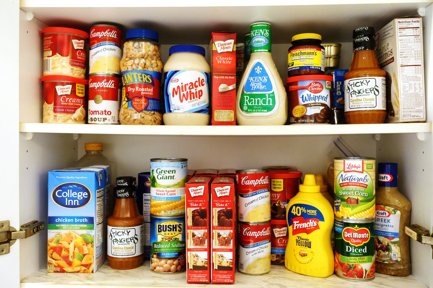 kitchen pantry shelves filled with canned goods and nuts and condiments September 2020
