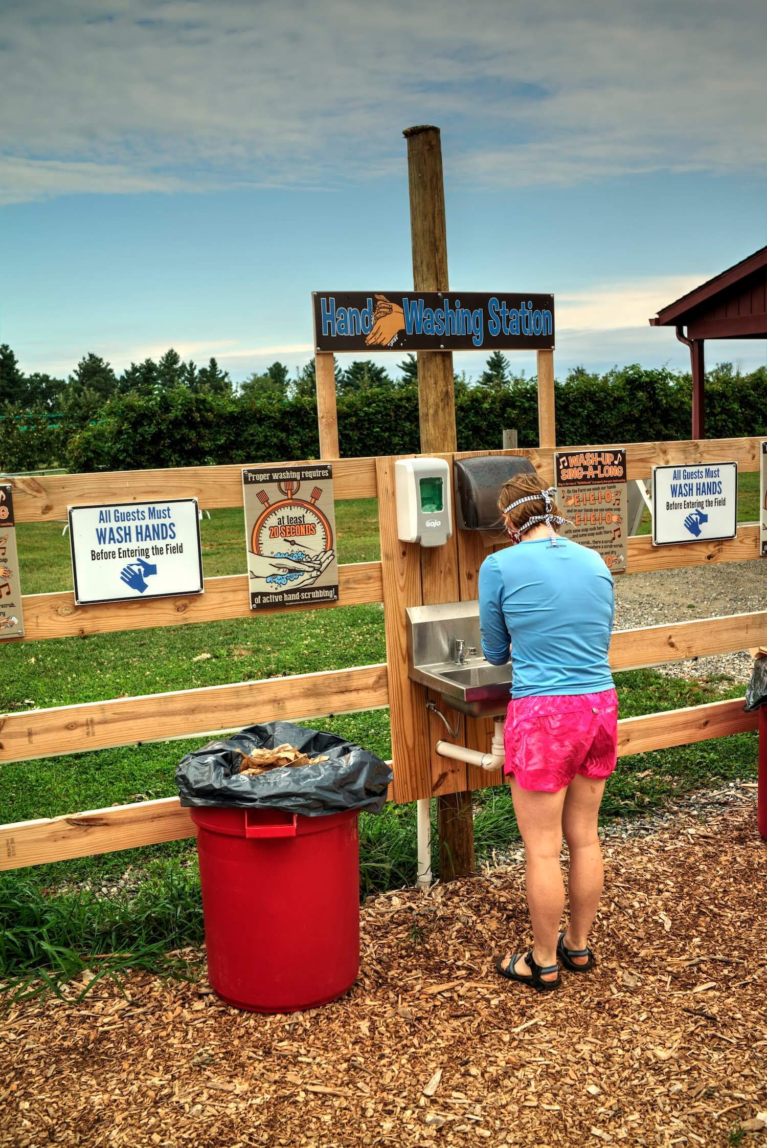 A Covid-19 handwash station at the Tougas Family Farm in Northborough, MA. September 2020