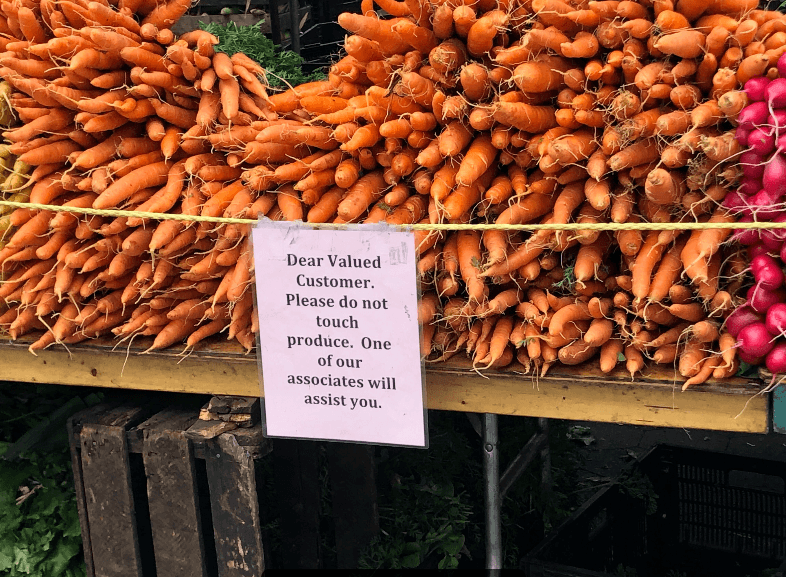 Carrots roped off at a farmers market in Queens, NY. October 2020