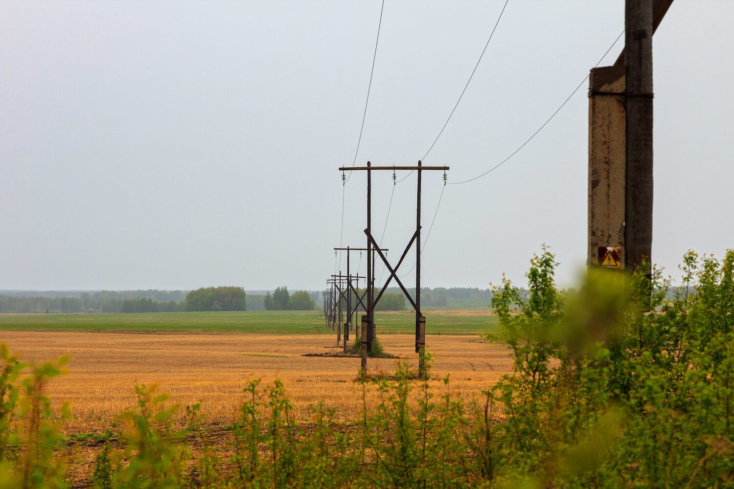 A power line in a rural area. October 2020