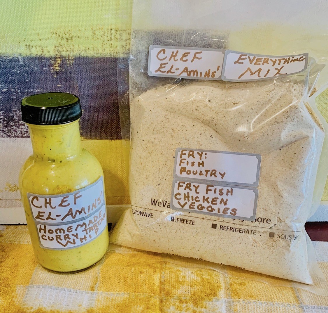 Fish fry mix and curry tatar sauce from Chef El-Amin's packaged food. October 2020