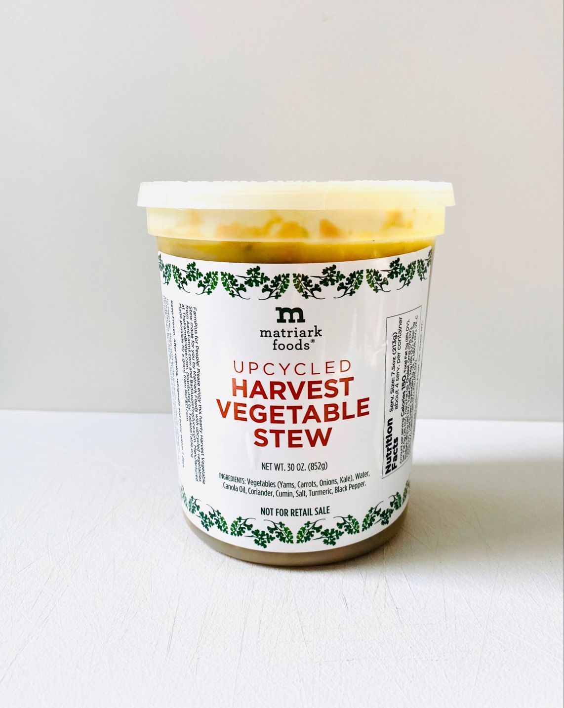 Matriark foods container of upcycled vegetable stew. October 2020