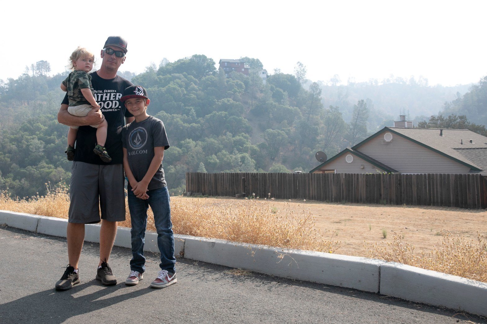 Kody Petrini with his sons, Levi, 16 months, and Steven, 11, in Berryessa Highlands on Sept. 21, 2020. Petrini lost his home in the LNU Lighting Complex Fires and for more than a month afterward was afraid to bathe Levi with tap water for fear of contaminants. November 2020