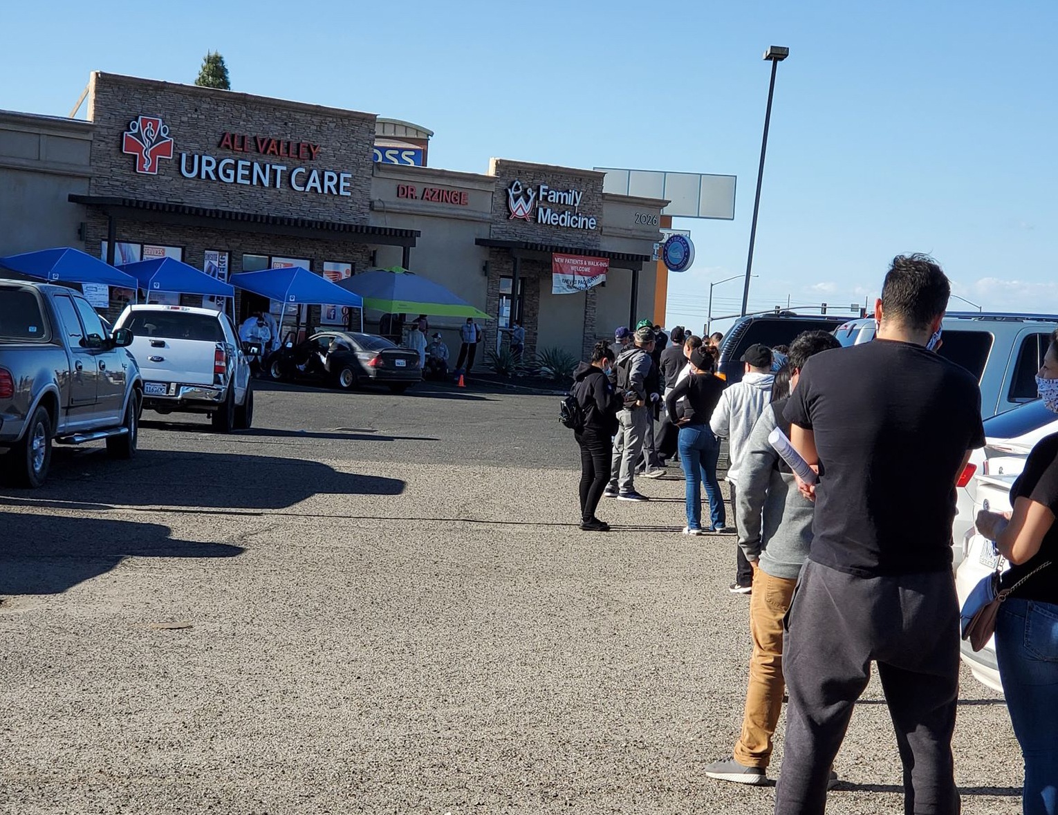 Line forms outside of All Valley Urgent Care for Covid-19 testing. November 2020