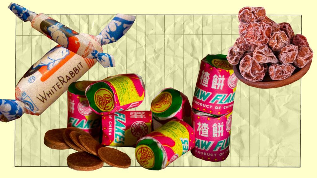 Haw flakes, xí muội, and White Rabbit candy on top of an illustrated notebook paper background. November 2020