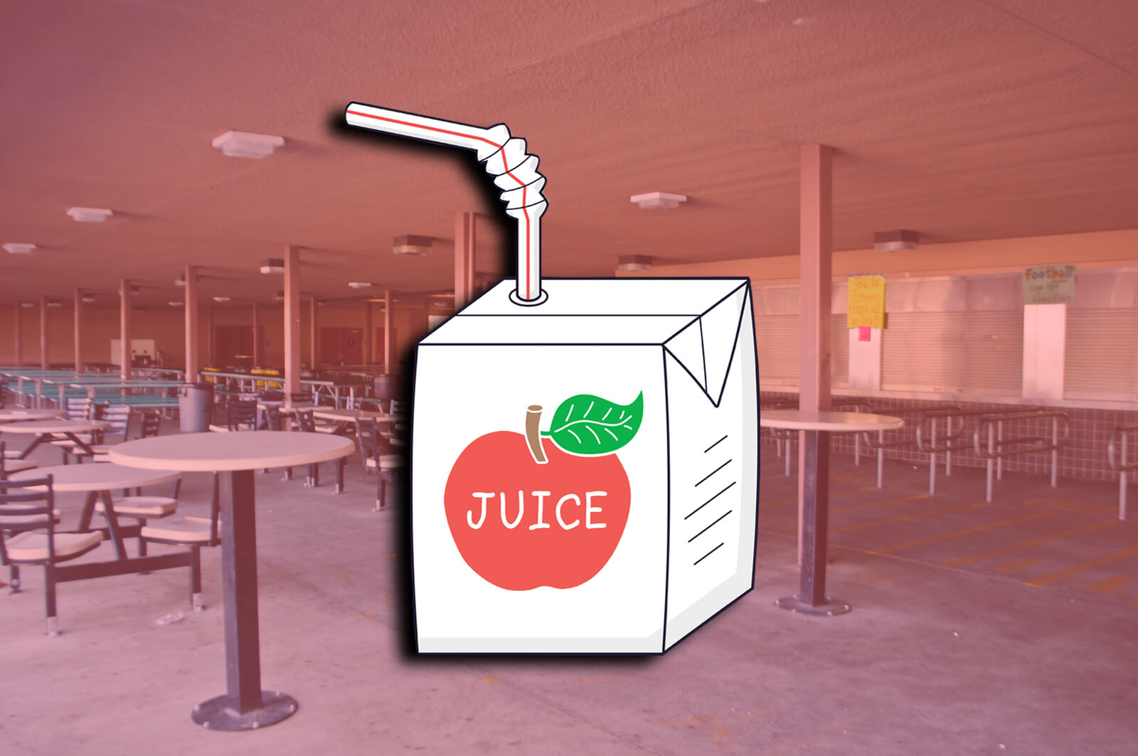 An illustrated apple juice box on top of an image of an outdoor school cafeteria. November 2020