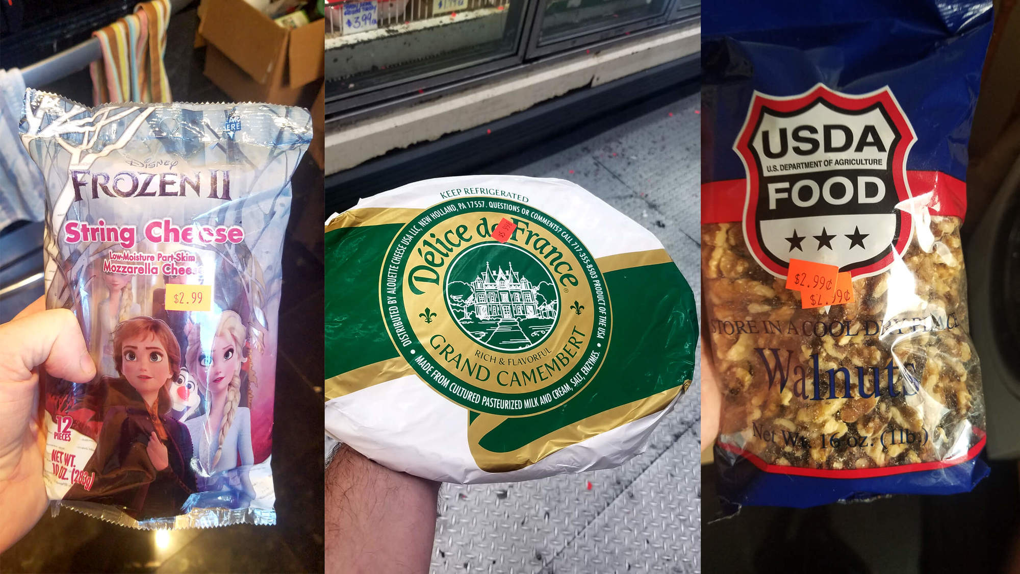 Compilation of three images showing Frozen themed string cheese, camembert, and USDA popcorn. November 2020